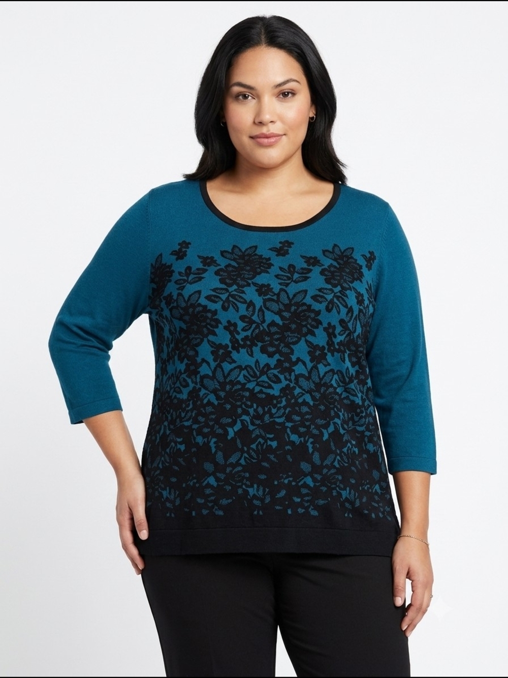 Y2K Dark Academia Teal Black Floral Lace Pattern Knit Sweater L